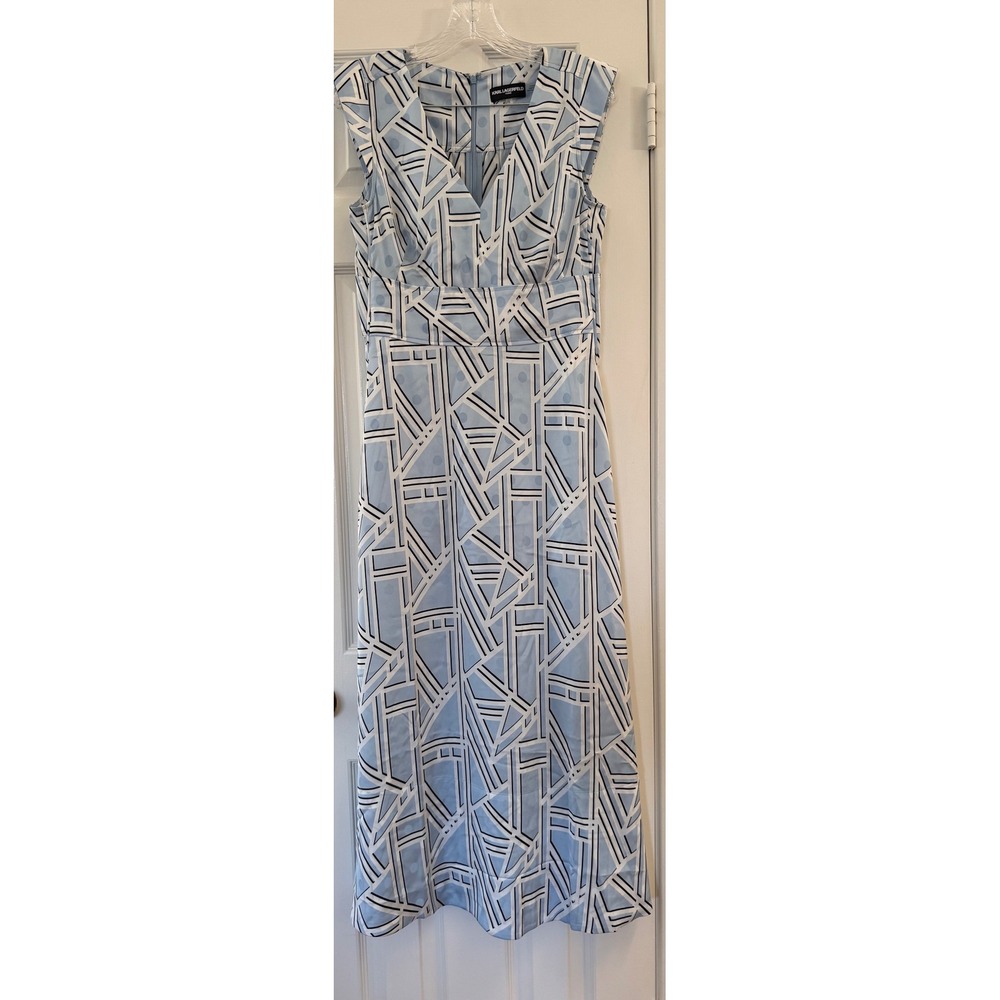 Karl Lagerfeld Paris Blue Geometric Abstract Maxi Dress V-Neck Size 8